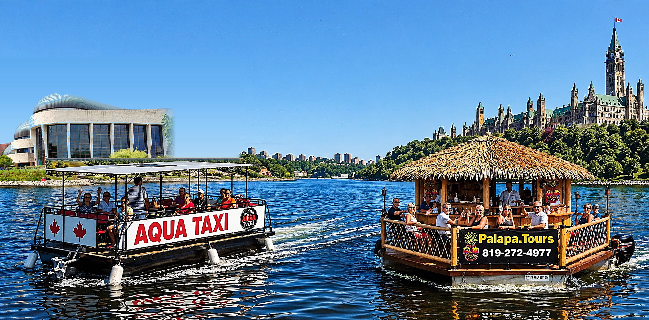 Aqua Taxi by the Canadian Museum of History and an Ottawa Palapa tiki boat below Parliament Hill on the Ottawa River